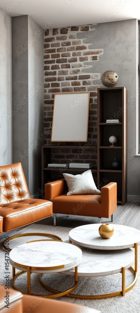 Fototapeta premium a modern living room with a tan leather armchair