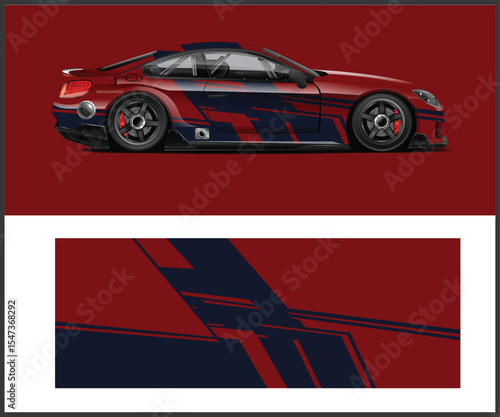 Modern Racing Car with a Bold Red and Navy Graphic Wrap Design