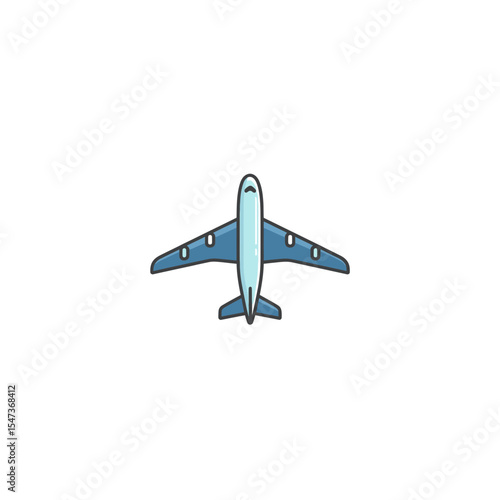 Blue airplane soars upwards against clean white backdrop illustration style