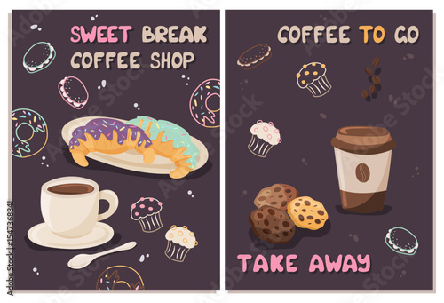 Double vector brochure with coffee cup, croissants, cupcakes and cookies on dark background. Suitable for cafe menu, packaging and coffee shop promotions