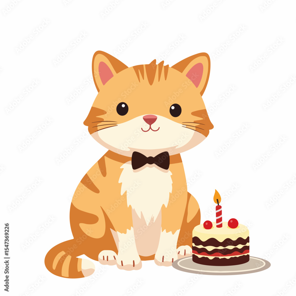 Obraz premium Cute orange tabby cat wearing bow tie next to birthday cake. Adorable feline friend celebrates birthday with delicious layered cake and single candle.