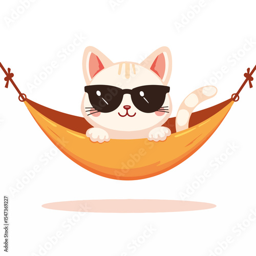 Cool cat wearing sunglasses relaxing in mini hammock. Adorable kitten enjoys summer vacation in stylish hammock.
