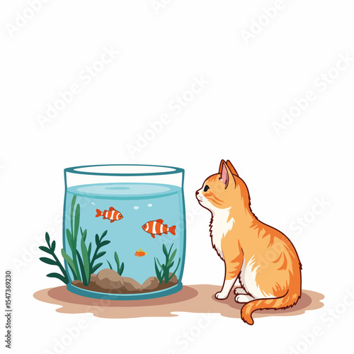 Orange tabby kitten observing fish swimming in glass aquarium. Adorable kitten fascinated by aquarium life, small fish swimming peacefully.