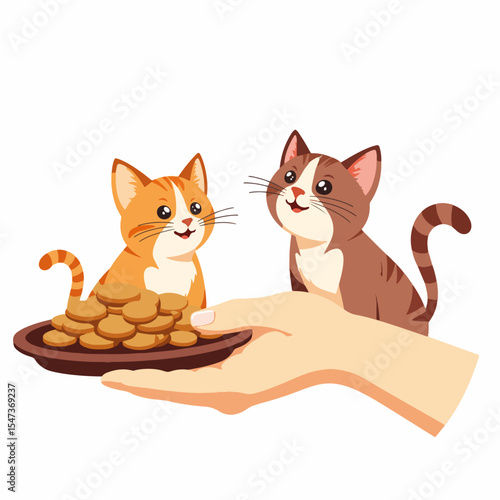 Hand holding tray of cat treats with two adorable kittens waiting excitedly.  Orange and brown tabby kittens anticipate delicious snacks.