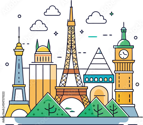 Vector illustration of a city with city hall and famous architectural landmarks