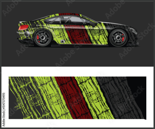 Sport Car Wrap Design with Abstract Grunge Stripes and Dark Background