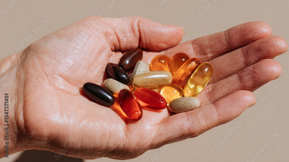 Hand holding various supplement capsules and softgel pills with warm lighting and natural skin tone Hand holding various supplement capsules and softgel pills with warm lighting and natural skin tone
