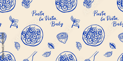 Hand drawn Mediterranean cuisine seamless pattern. Italy la dolce vita coast food coastal print, wrap paper, retro fabric, textile design. Doodle sketch crayon drawing style vector illustration.