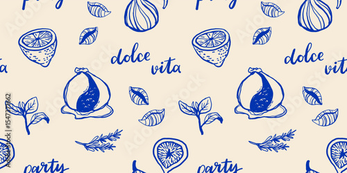 Hand drawn Mediterranean cuisine seamless pattern. Italy la dolce vita coast food coastal print, wrap paper, retro fabric, textile design. Doodle sketch crayon drawing style vector illustration.