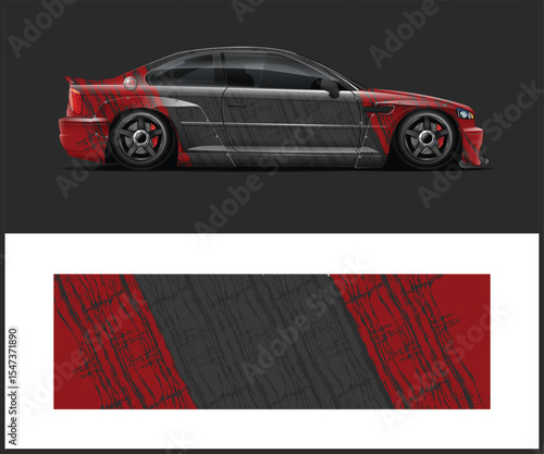 Aggressive Red and Gray Sports Car with a Matching Graphic Design