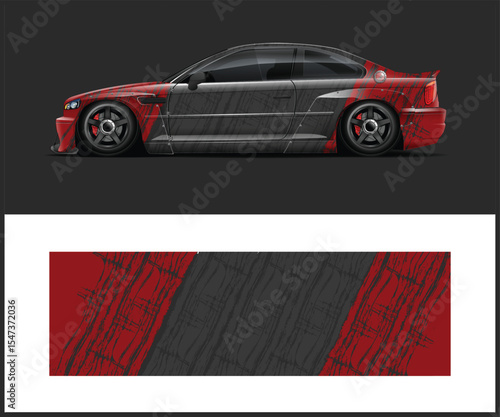 Customized Sports Car with Red and Gray Graphic Wrap Design