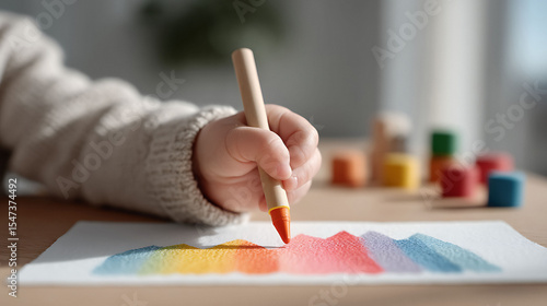 Childs tiny hand drawing a vibrant rainbow with a crayon. Symbolizes creativity, innocence, and early childhood development. Perfect for education, family, and art related content.