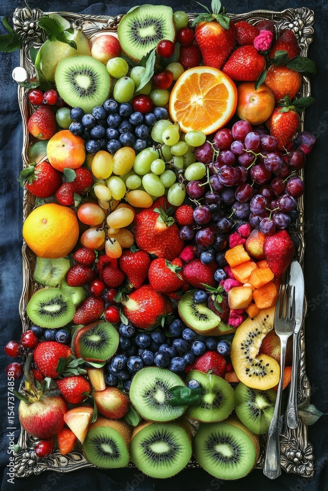 Colorful fresh fruits including kiwi berries grapes and citrus arranged on tray with knife and fork on table
