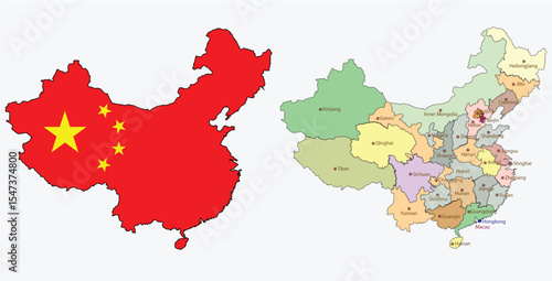 Geographic Illustration of China, Red Flag with Yellow Stars and Full Administrative Regions, China Map with National Flag and Provincial Division Including Major Cities