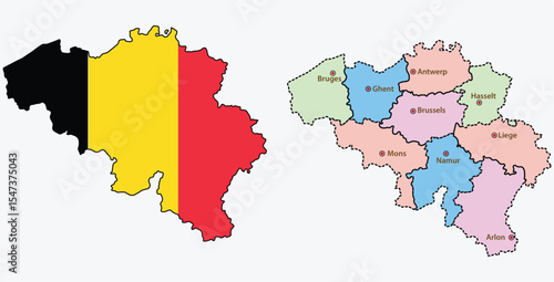 Geographical Illustration of Belgium, Tricolor Flag and Regional Map with Key Cities, Belgium Map with National Flag and Provincial Regions Featuring Major Cities