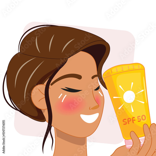 Happy female with brown hair and sunscreen tube, sun care routine, modern illustration, UV protection concept