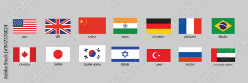 World Economic Powers Flag Icon Set – USA, China, India, UK, Germany, Japan, South Korea, Brazil, UAE & More | International Trade, Politics & Business Countries Vector Pack.