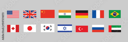 World Economic Powers Flag Icon Set – USA, China, India, UK, Germany, Japan, South Korea, Brazil, UAE & More | International Trade, Politics & Business Countries Vector Pack.