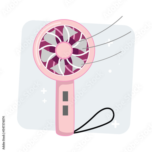 Cute battery fan, pink and purple, blowing air, compact gadget, travel essential, stylish digital art