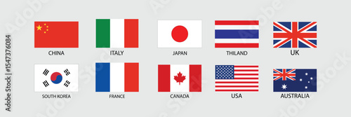 Top Travel Destination Country Flags – USA, UK, Japan, Italy, France, China, Australia, Canada & More | Vector Icons for Tourism, Study Abroad & Global Promotion.