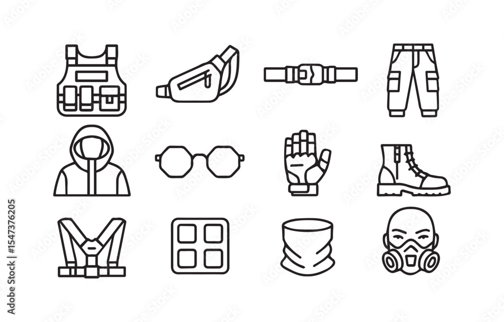 Fototapeta premium Tactical Gear and Urban Clothing Line Art Set Detailed Vector Illustration