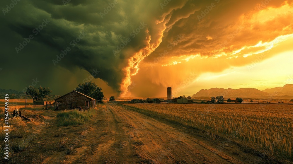 Fototapeta premium Dramatic sunset over a rural scene with a powerful storm