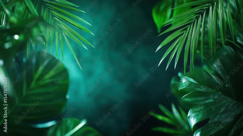 Obraz premium A stunning arrangement of tropical leaves fills the space, creating a lush, vibrant atmosphere that evokes a sense of mystery and tranquility amidst nature's beauty.