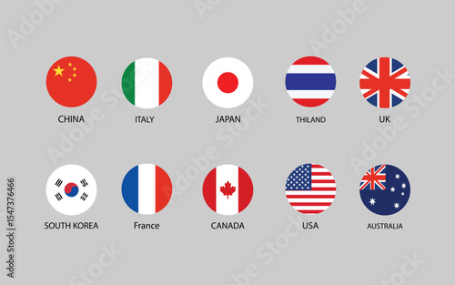 Round Country Flag Icons – Global Nations Badge Set for Travel, Education & UI Design.