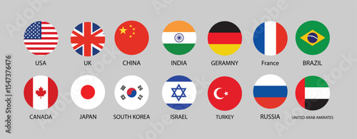 Round World Flags Icon Pack – USA, China, UK, India, Brazil, UAE and More | Circular Country Badge Vector Set for International Design and Travel Use.