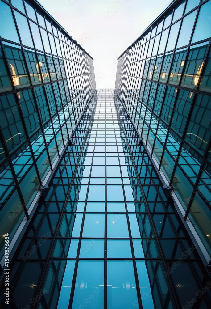 Obraz premium A clean, symmetrical low-angle shot of two modern glass office towers reaching towards the sky, showcasing sleek architectural lines and corporate precision. 