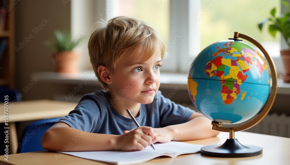 thoughtful boy sitting at desk looking at globe during geography lesson, early education, curiosity, children’s day, copy space thoughtful boy sitting at desk looking at globe during geography lesson, early education, curiosity, children’s day, copy space