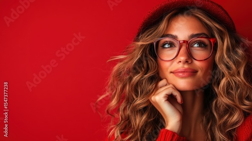 Wallpaper Mural A young woman with curly hair and glasses gazes thoughtfully against a striking red background, highlighting curiosity, creativity, and a blend of modern elegance. Torontodigital.ca