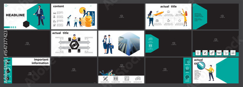 Business presentation. Sale of apartments, office, financial circulation, gold coins dollar. Infographic design, green black elements, background. Team of people creates a business.Vector illustration