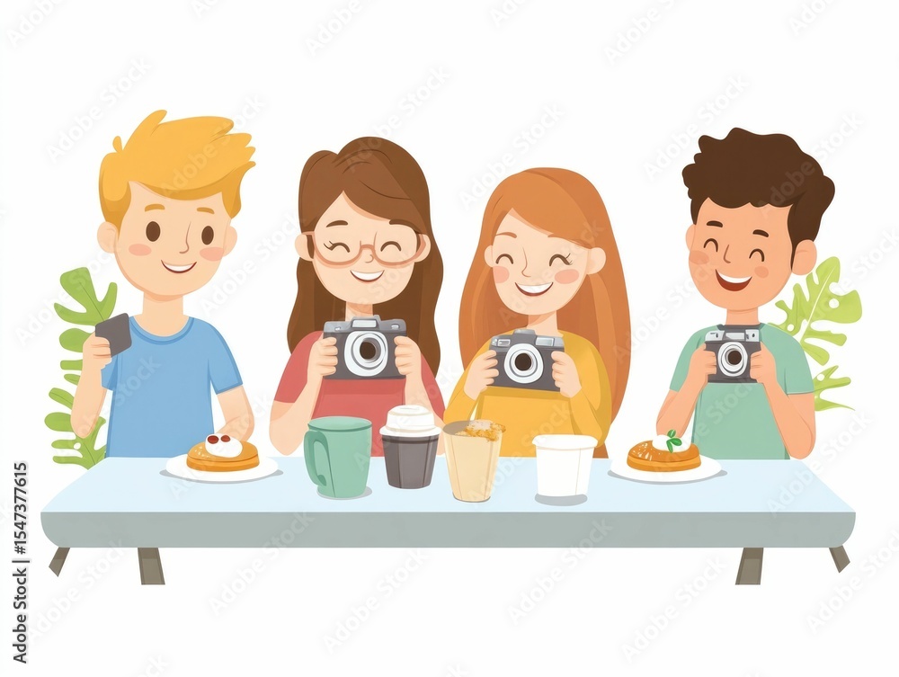 Multiracial group of young friends enjoying a relaxed breakfast together capturing the moment with and in a cheerful inclusive and cozy flat design Multiracial group of young friends enjoying a relaxed breakfast together capturing the moment with and in a cheerful inclusive and cozy flat design