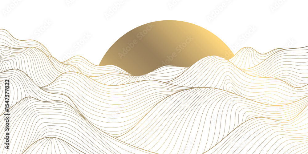 Obraz premium Vector sunset, sunrise line gold on white background. Mountains, sea waves, hills, desert japanese art. Minimalist adventure peaceful oriental landscape