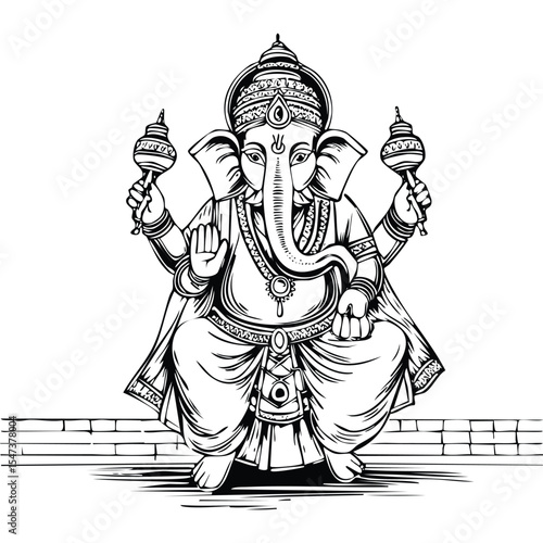 Ganesh Visarjan Procession_Minimal vector line illustration of Ganesh Visarjan with devotees