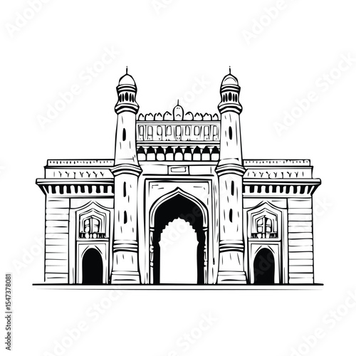 Minimal vector line illustration of the Gateway of India, featuring Indo-Saracenic architecture