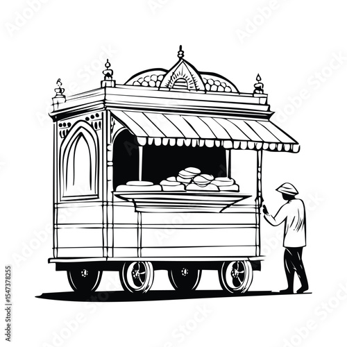Vada Pav Street Stall_Minimal vector line illustration of a Mumbai street food cart selling