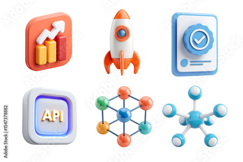 A colorful 3D illustration displaying various technology icons including a rocket, graphs, and a network symbolizing growth, innovation, and connectivity in the digital age.