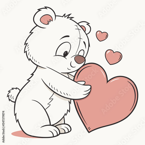 Adorable polar bear cub holding a big heart valentines day