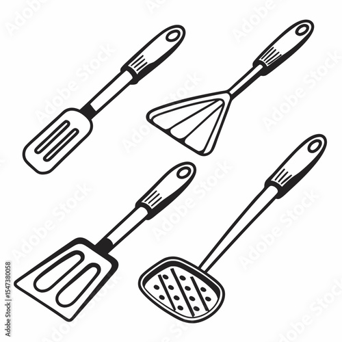 Four kitchen utensils spatulas cooking tools line art