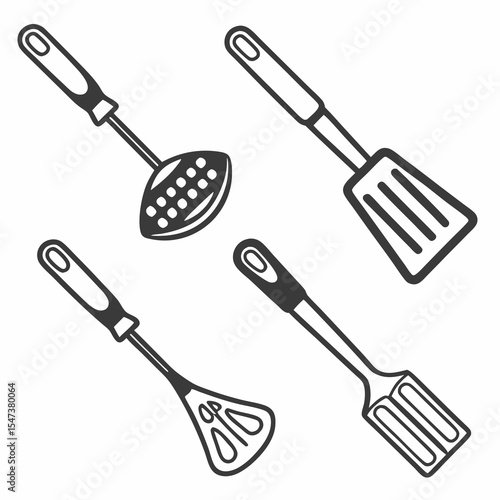 Collection of kitchen utensils cooking tools spatula slotted spoon whisk