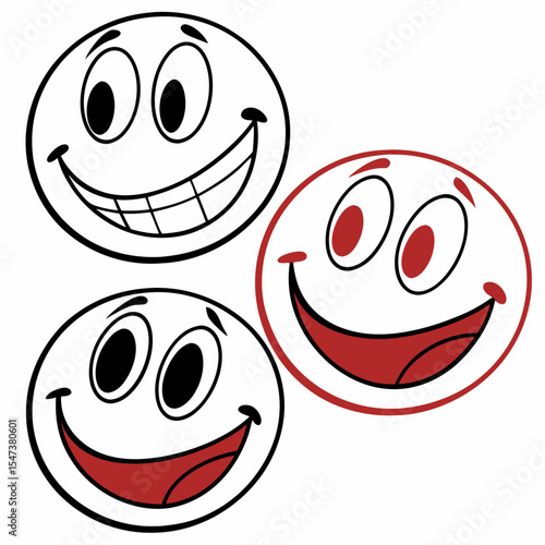 Three happy cartoon faces smiling expressions joyful moods