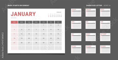 Set of Monthly pages Calendar Planner Templates 2026 for wall or desk grey and red color for print. Vector layout of simple calendar with week start Sunday. Pages for size Letter - 8.5x11 in
