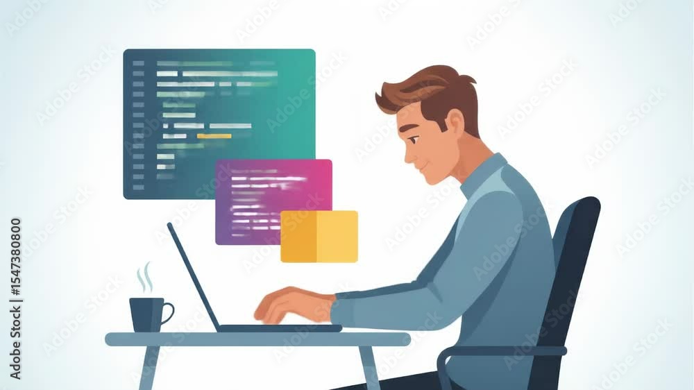 Young Man Working on Laptop with Programming Code and Digital Elements at a Modern Workspace Young Man Working on Laptop with Programming Code and Digital Elements at a Modern Workspace
