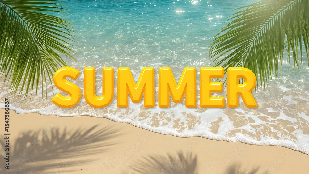 Obraz premium Glossy Yellow Summer Sale Text on Beach ocean wave