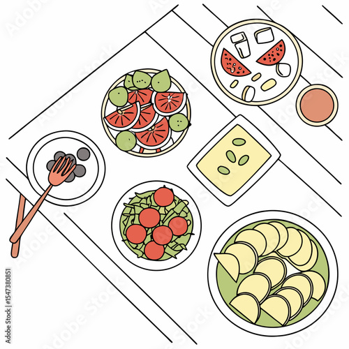 Overhead view delicious food tabletop summer picnic meal