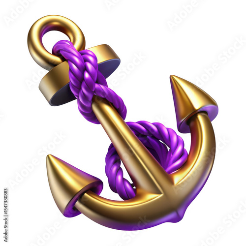 3d golden anchor with purple rope on transparent background