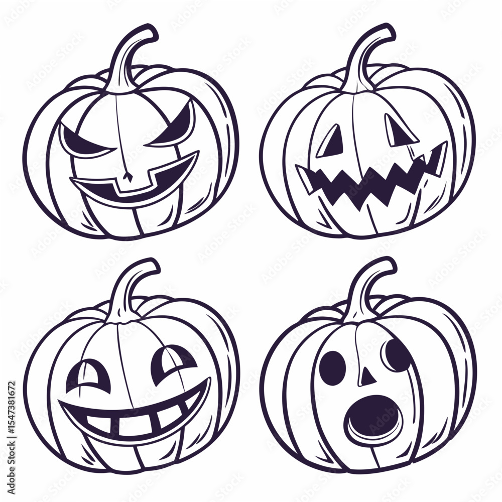 Fototapeta premium Four halloween pumpkins with various expressions isolated on white background