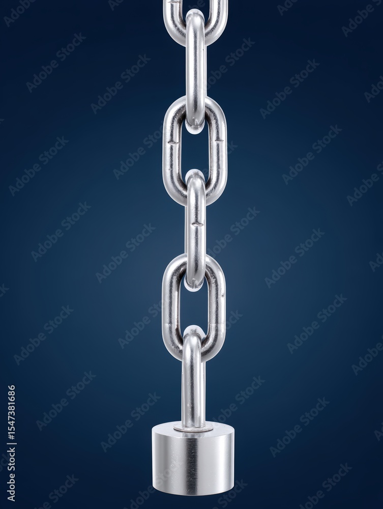 Naklejka premium Closeup of a heavy bag chain glistening, isolated on a solid navy background, powerful commercial shot